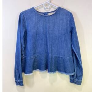 Blue Denim Statement Raw Frayed Hem Cloth & Stone Long Sleeve Cotton Shirt XS